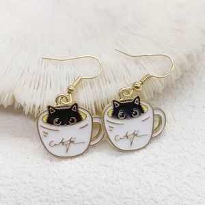 NEW Coffee Cat Lover Cafe Dangling Gold Earrings Fall Winter Kawaii Kitty Gift